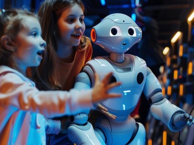 A picture of two kids with the robot at The community science museum.