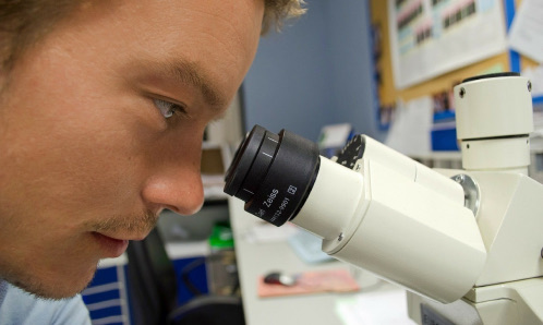 A picture of a person looking through a microscope.